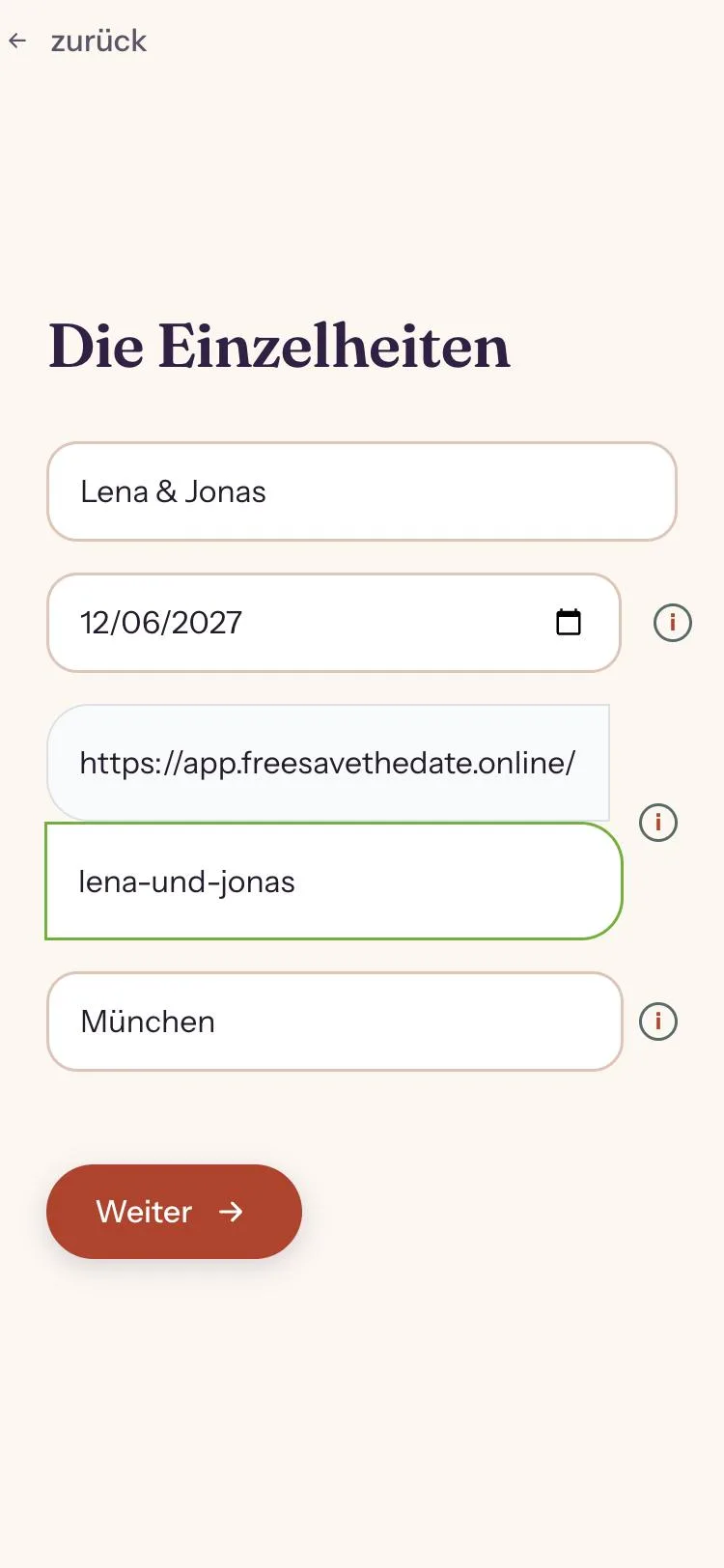 Formular f&uuml;r Namen, Datum und Ort des Save the Date