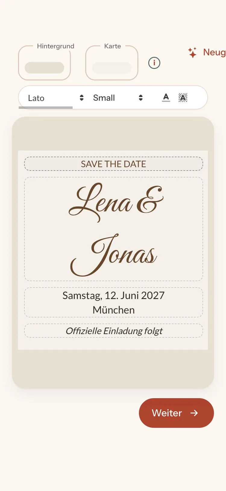 Editor mit Text-, Schrift- und Farbeinstellungen des Save the Date