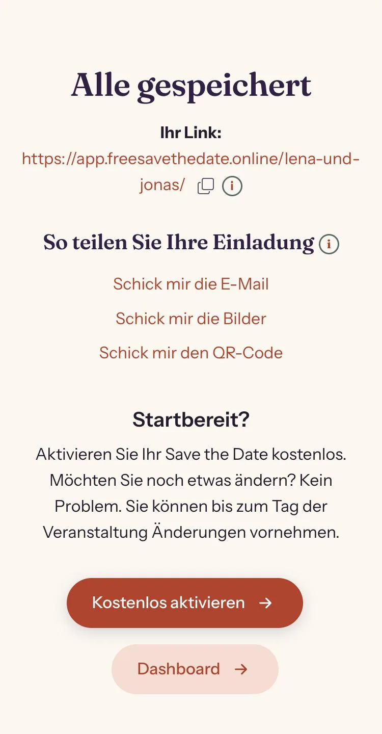Dashboard mit dem Link zum Save the Date und den Optionen zum Teilen