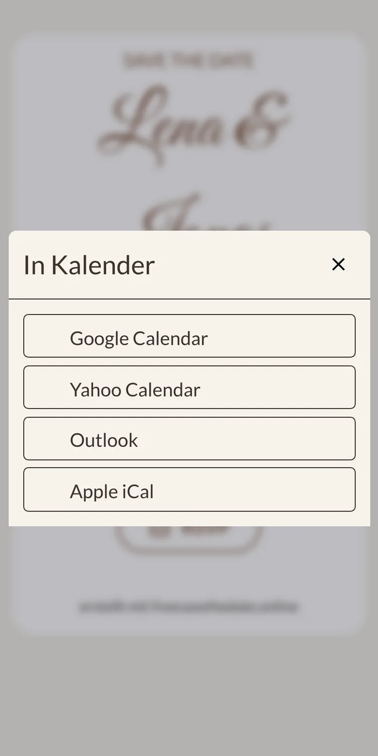 Men&uuml; mit den Kalenderoptionen Google, Apple, Outlook und Yahoo
