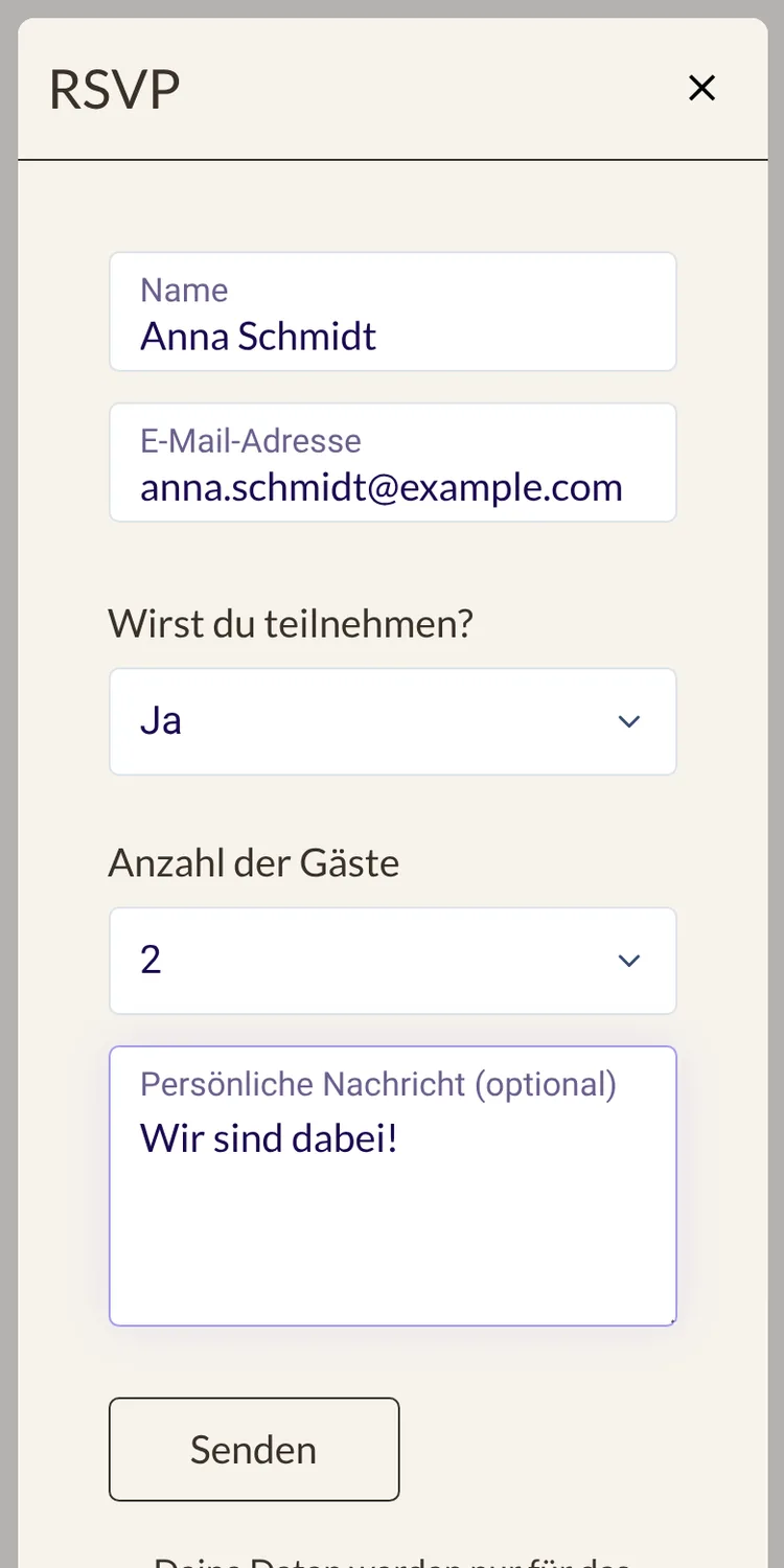 RSVP-Formular mit Name, E-Mail, Zu- oder Absage und Anzahl der G&auml;ste