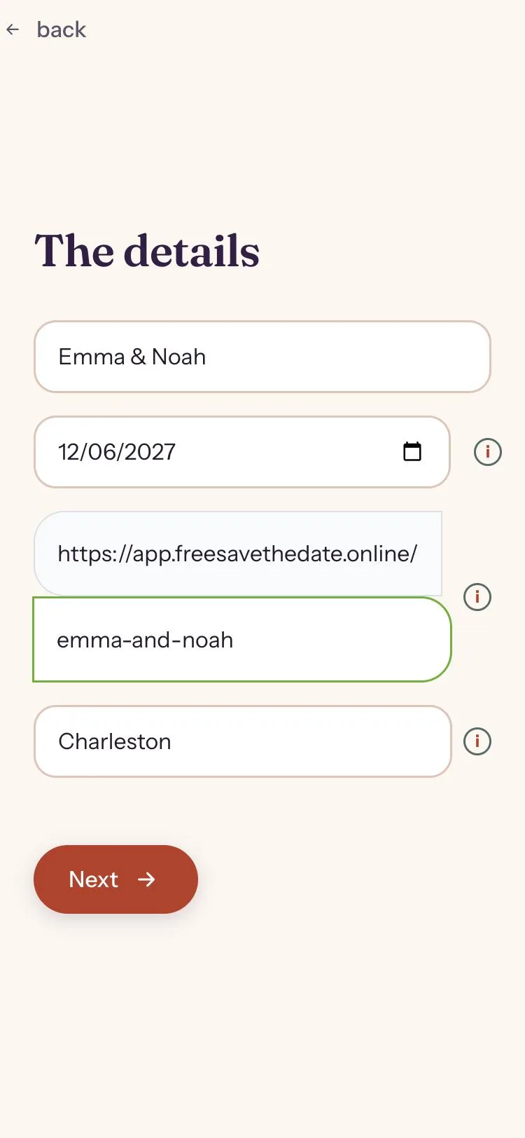 Form for the names, date and location of the save the date