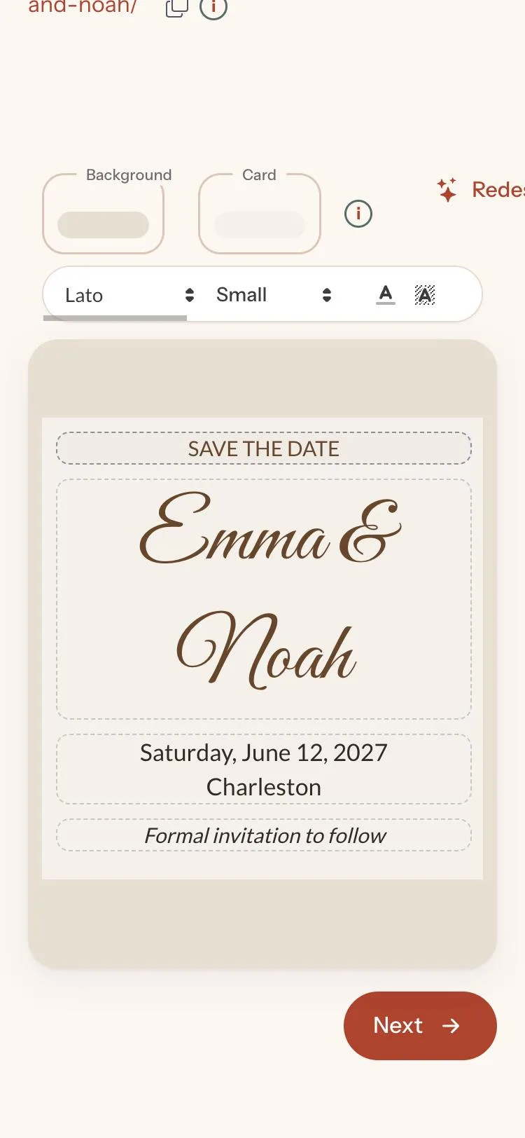 Editor with text, font and color settings of the save the date