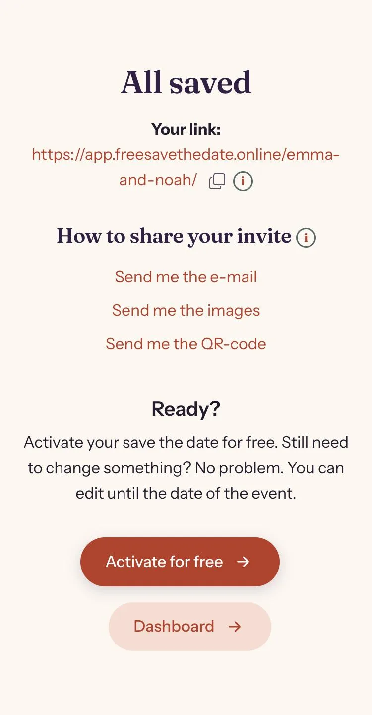 Dashboard with the link to the save the date and the sharing options