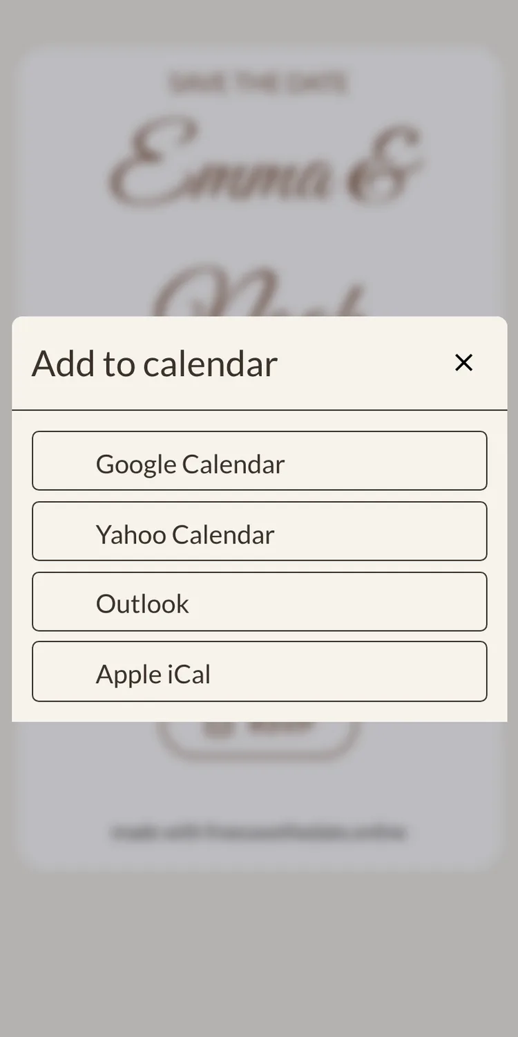 Menu with the calendar options Google, Apple, Outlook and Yahoo