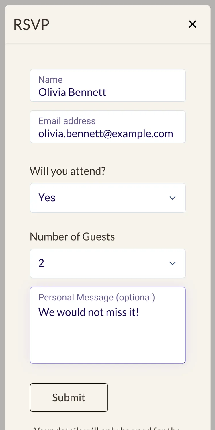 RSVP form with name, email, attendance choice and number of guests