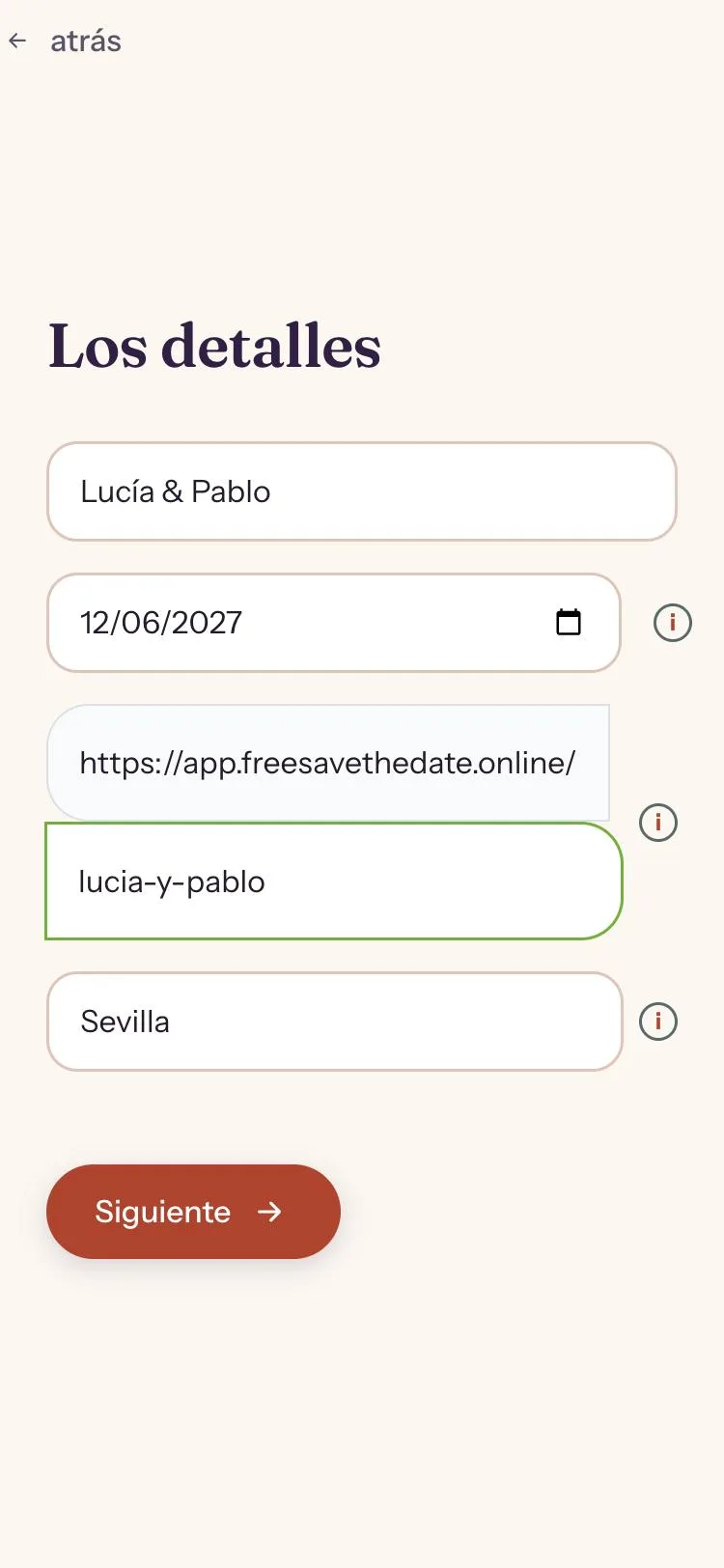 Formulario con los nombres, la fecha y el lugar del save the date