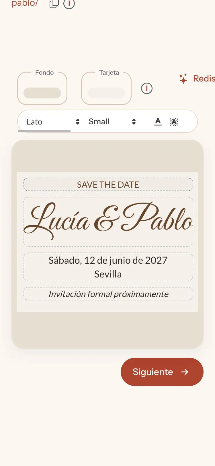 Editor con los ajustes de texto, tipograf&iacute;a y color del save the date
