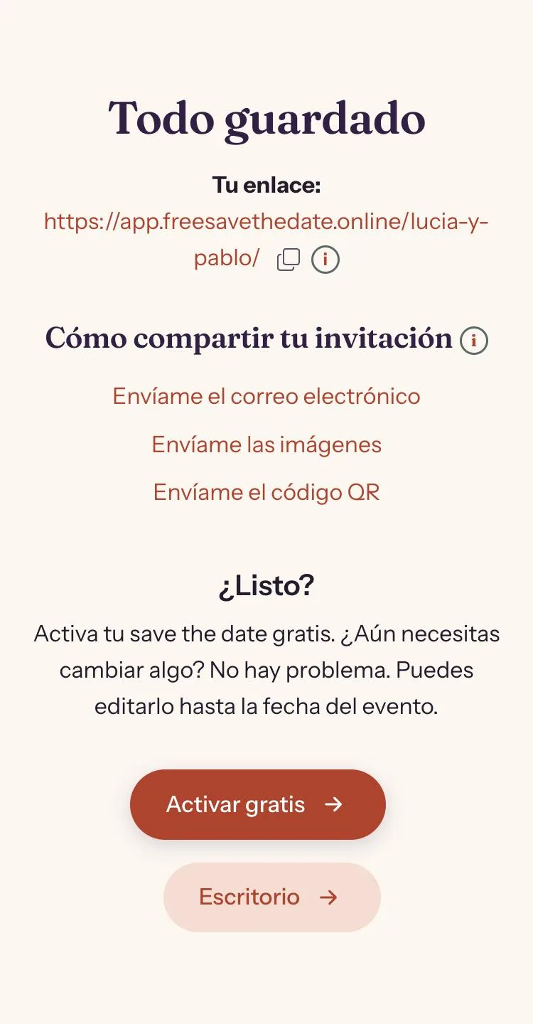 Panel con el enlace al save the date y las opciones para compartir