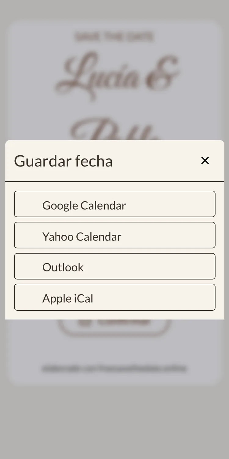 Men&uacute; con las opciones de calendario Google, Apple, Outlook y Yahoo