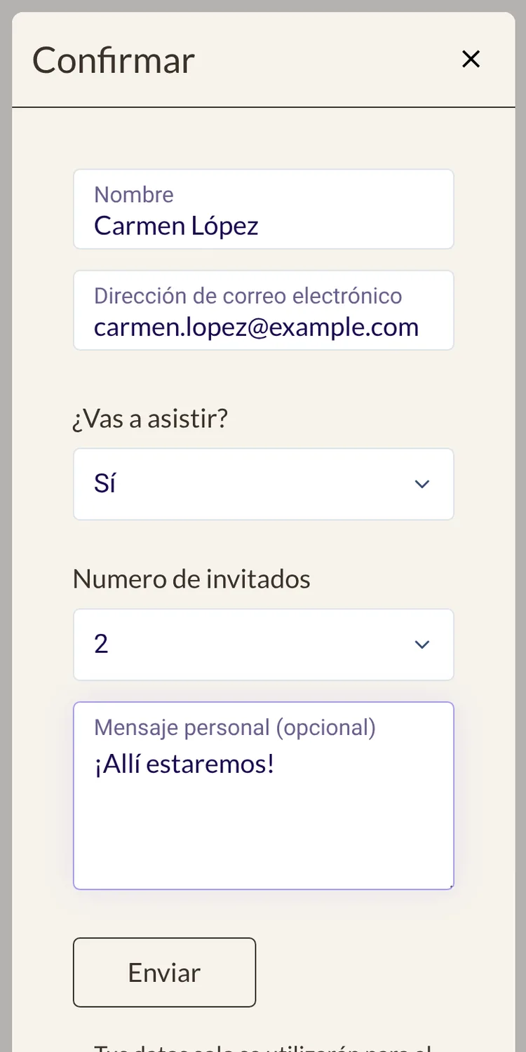 Formulario de confirmaci&oacute;n con nombre, email, asistencia y n&uacute;mero de invitados