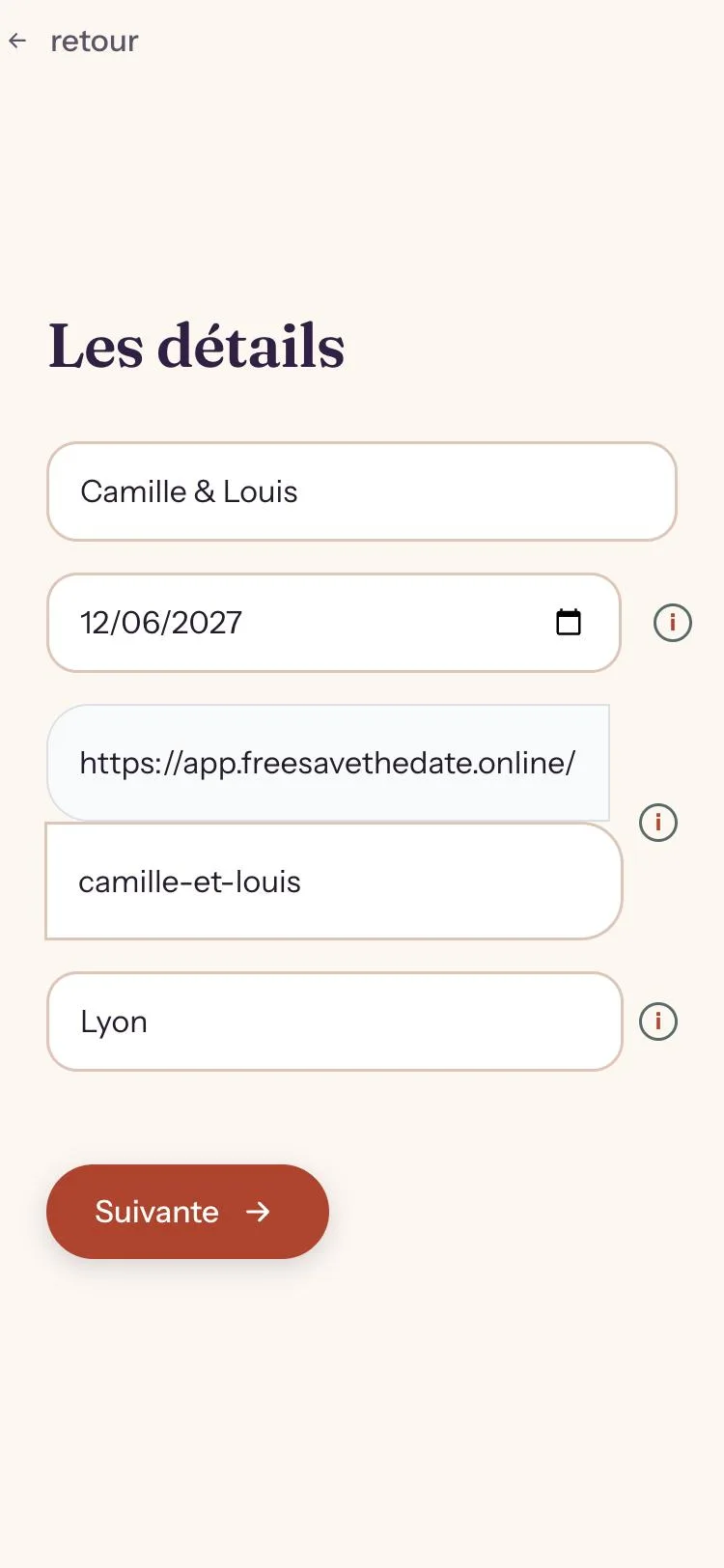 Formulaire pour les pr&eacute;noms, la date et le lieu du save the date