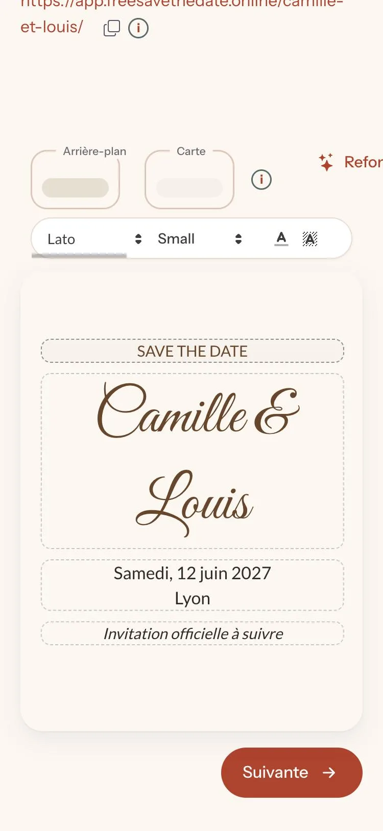 &Eacute;diteur avec les r&eacute;glages de texte, de police et de couleur du save the date