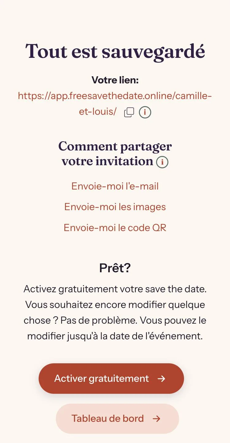Tableau de bord avec le lien du save the date et les options de partage