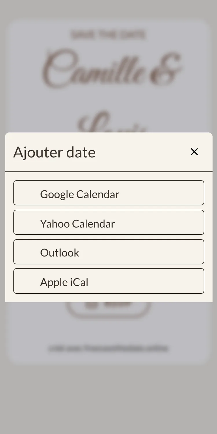 Menu avec les options de calendrier Google, Apple, Outlook et Yahoo