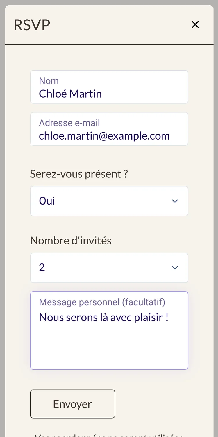 Formulaire RSVP avec nom, e-mail, pr&eacute;sence et nombre d&rsquo;invit&eacute;s