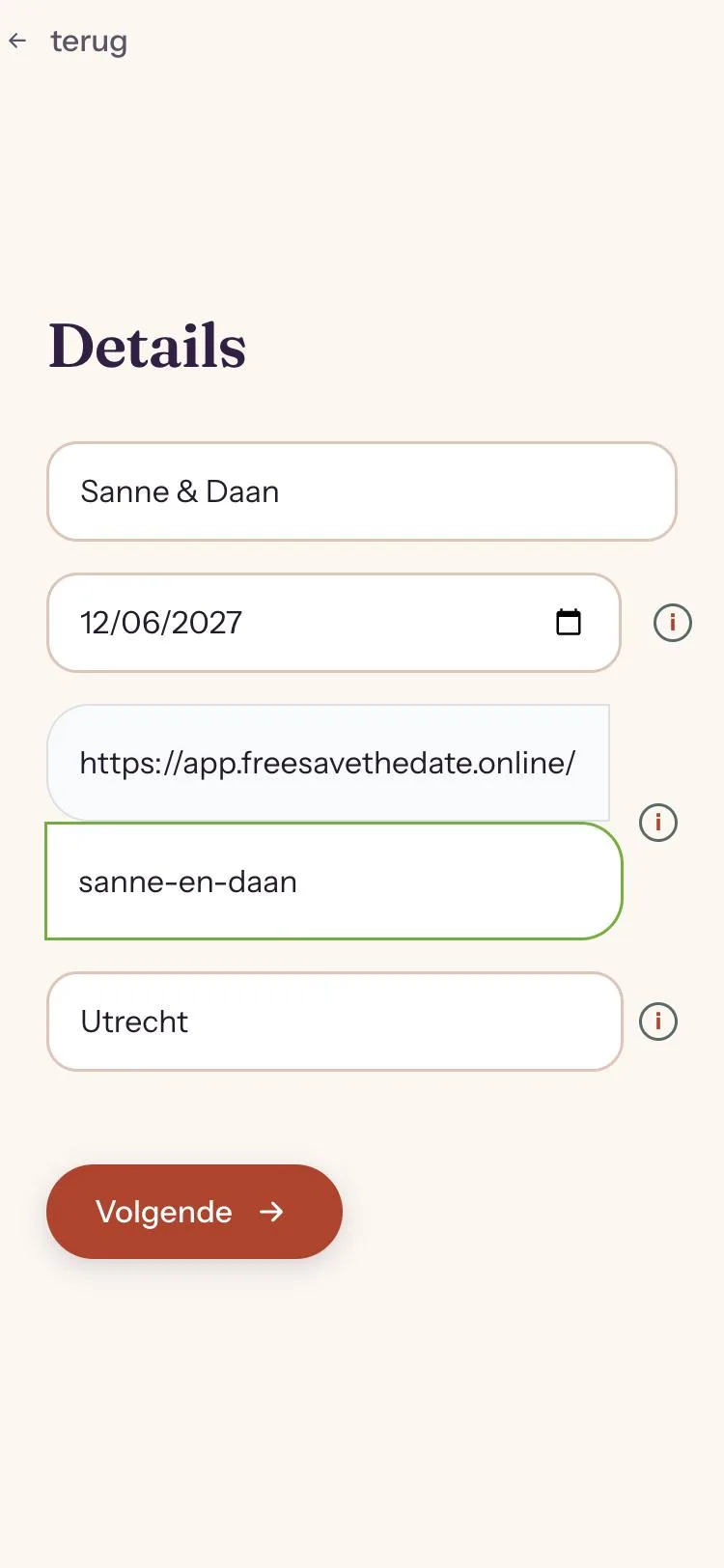 Formulier voor de namen, datum en locatie van de save the date