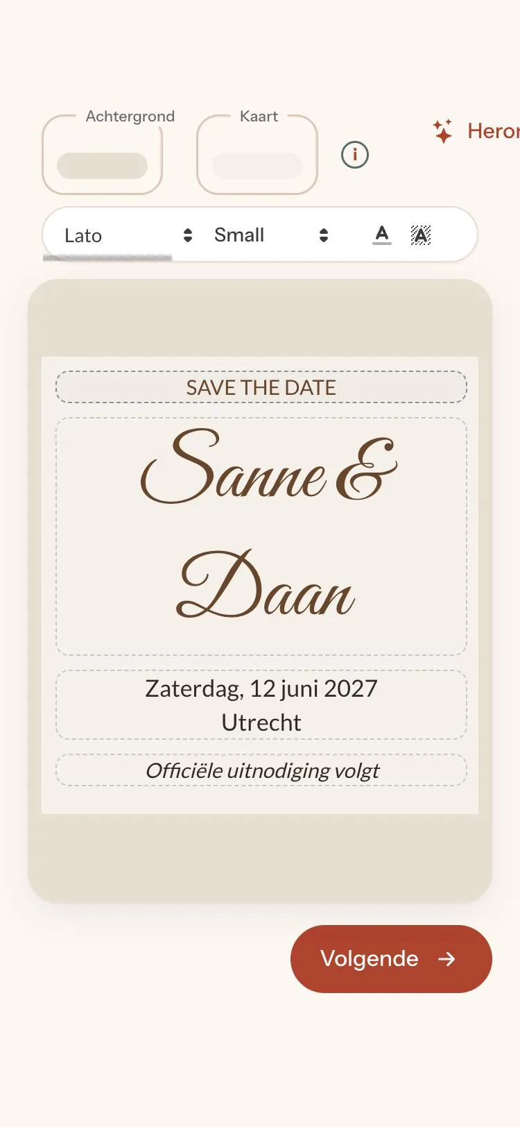 Editor met de instellingen voor tekst, lettertype en kleur van de save the date