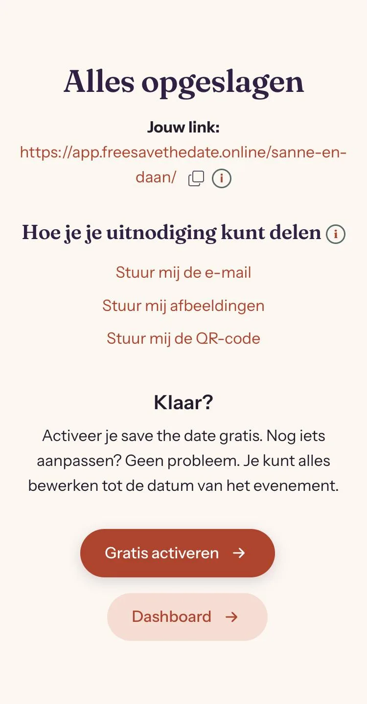 Dashboard met de link naar de save the date en de deelopties