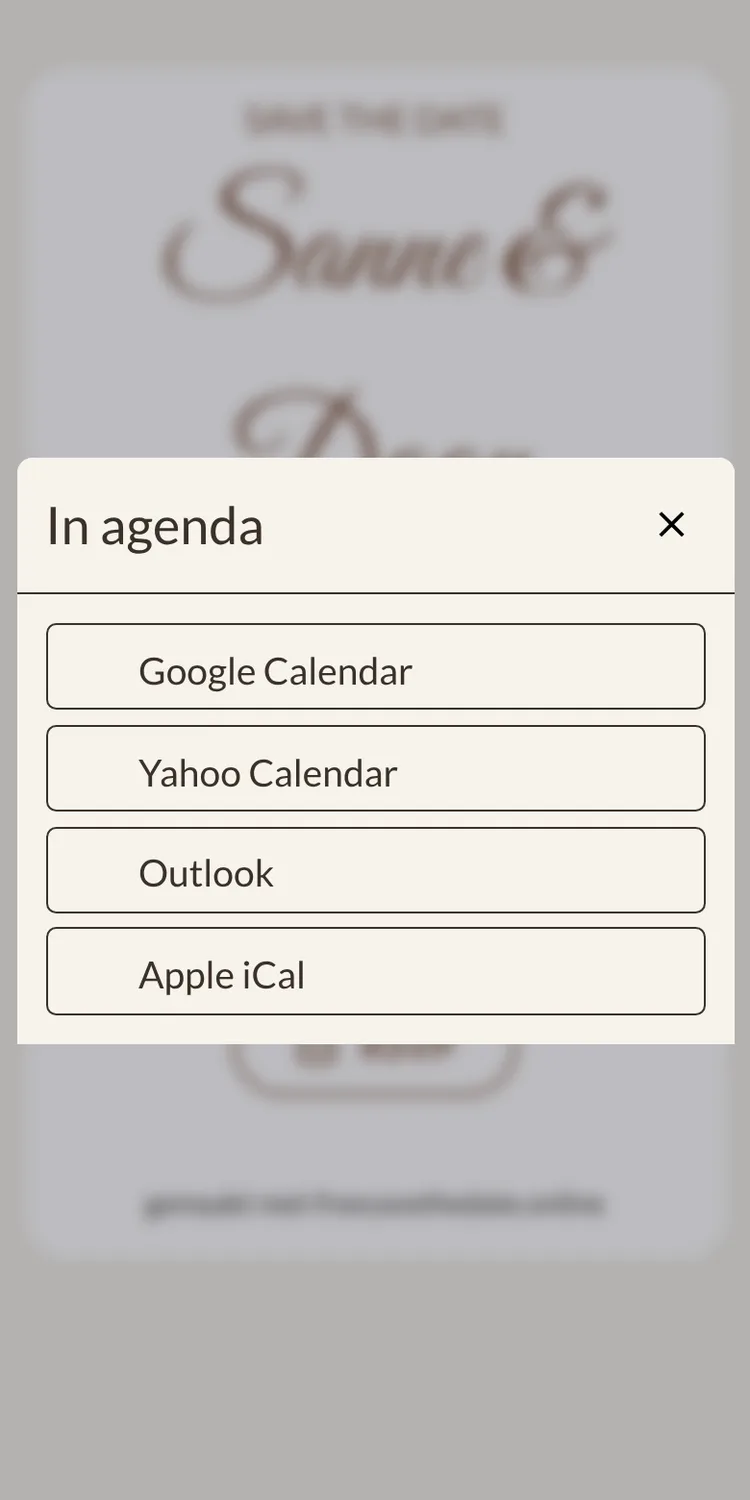 Menu met de agendakeuzes Google, Apple, Outlook en Yahoo