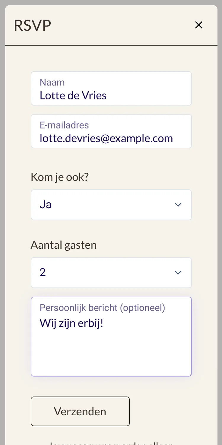 RSVP-formulier met naam, e-mailadres, Kom je ook? en aantal gasten
